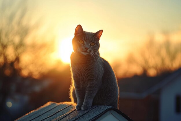 Photo a serene cat sits gracefully on a rooftop during a stunning sunset the colors of the sky blend beautifully with the silhouette of the feline perfect for pet lovers generative ai