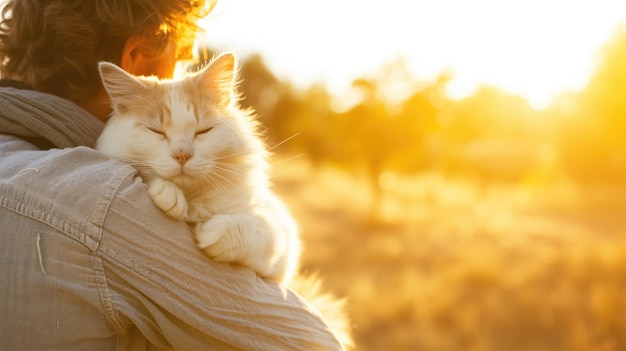 A serene cat in a warm embrace as the sun sets