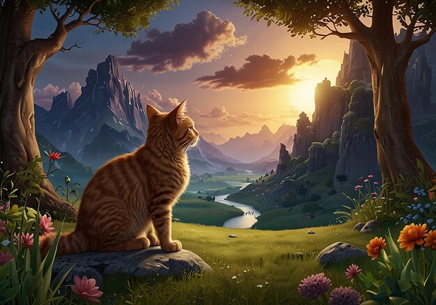 Serene Cat Watching Sunset in Fantasy Landscape