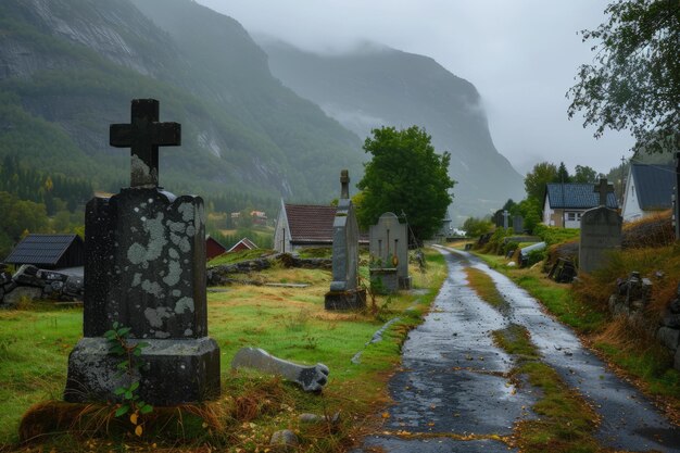 Photo serene cemetery in misty mountain village