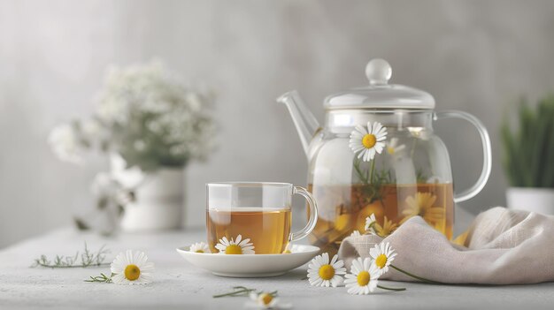 Serene Chamomile Tea Setting with Transparent Teapot and Cup