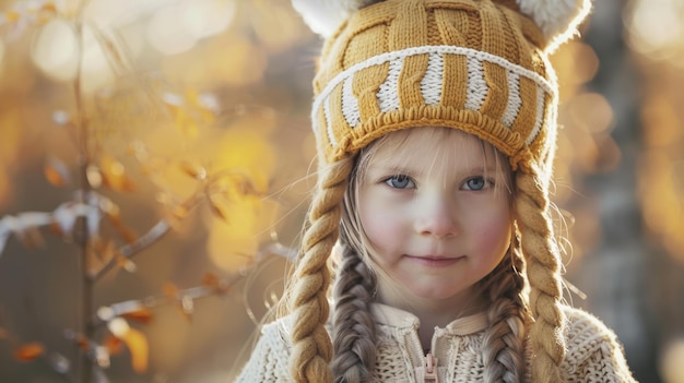 A serene child in a whimsical tiger hat embraced by autumn39s golden glow