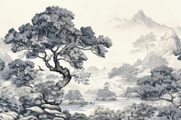 Serene Chinese landscape ink painting