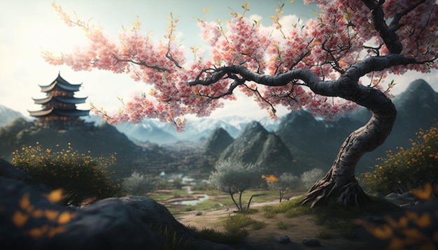 Serene Chinese landscape with pink blossoming peach tree