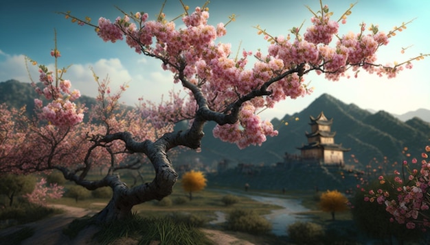 Serene Chinese landscape with pink blossoming peach tree