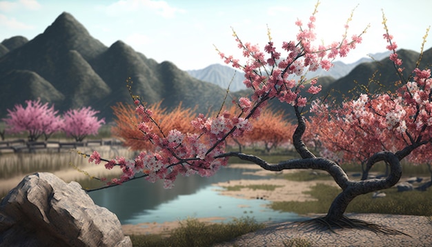 Serene Chinese landscape with pink blossoming peach tree