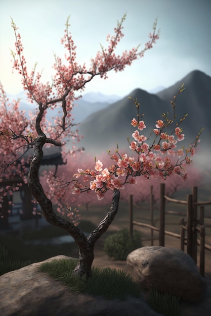 Serene Chinese landscape with pink blossoming peach tree