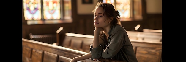 Photo serene church confession woman in contemplative prayer on wooden bench