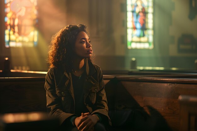 Photo serene church confession woman in contemplative prayer on wooden bench