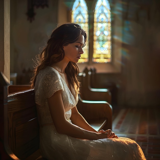 Photo serene church confession woman in contemplative prayer on wooden bench