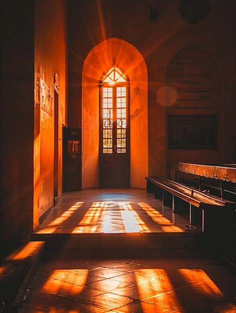 Photo serene church interior with sunlight rays and warm ambiance