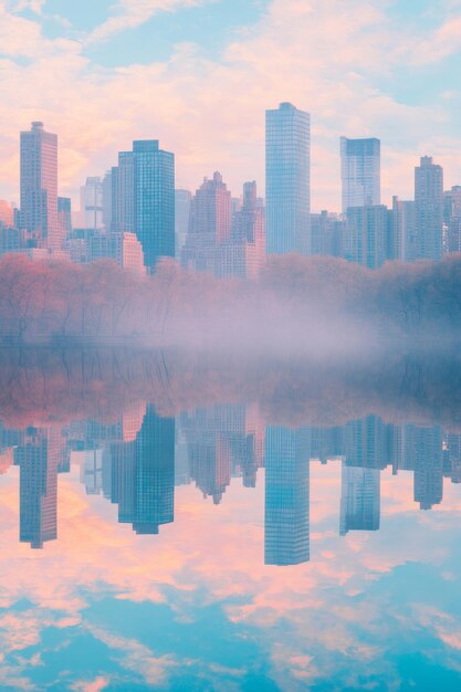 Photo serene city reflections a peaceful skyline embracing the tranquility of natures palette