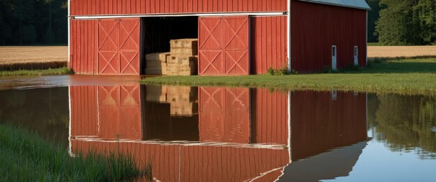 A serene classic red barn stands in a flooded field doors wide open to nature