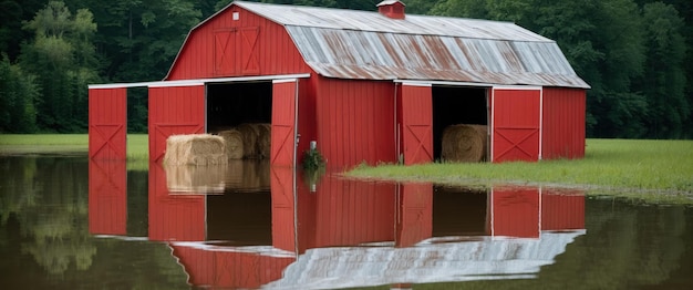 Photo a serene classic red barn stands in a flooded field doors wide open to nature