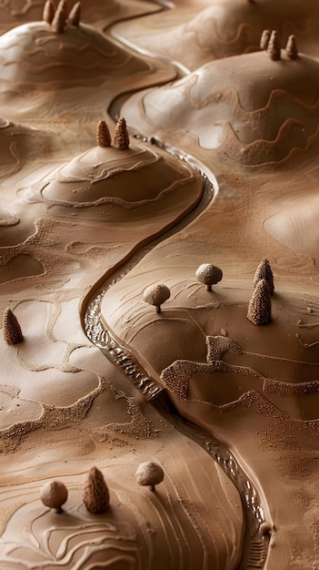 Serene Clay Landscape Sculpture with Rolling Hills and Flowing Stream Depicting Natural Serenity