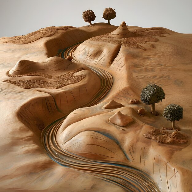 Serene Clay Landscape Sculpture with Rolling Hills and Flowing Stream Depicting Natural Serenity