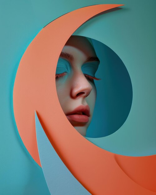 A serene close up of a woman s face framed by vibrant orange and blue geometric shapes The background features soothing hues enhancing the artistic composition