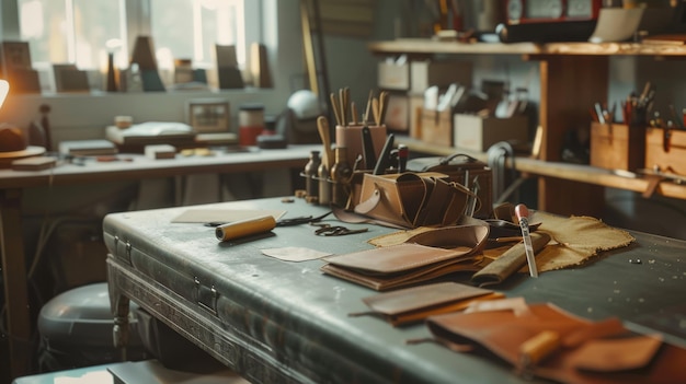 A serene cluttered workshop table filled with leatherworking tools and materials evoking a sense of craftsmanship and artisanal dedication