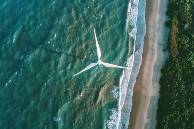 Photo serene coastal aerial view with wind turbine and waves