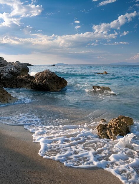 Serene Coastal Beach with Rocky Shoreline and Gentle Waves