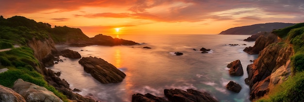 Photo serene coastal beauty at sunset breathtaking panoramic views and natures colors unveiled