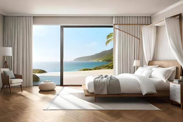 Serene coastal bedroom with a canopy bed draped in sheer white curtains a large window overlooking a...