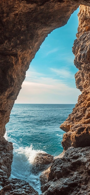 Serene Coastal Cave View with Turquoise Waters and Dramatic Rock Formations