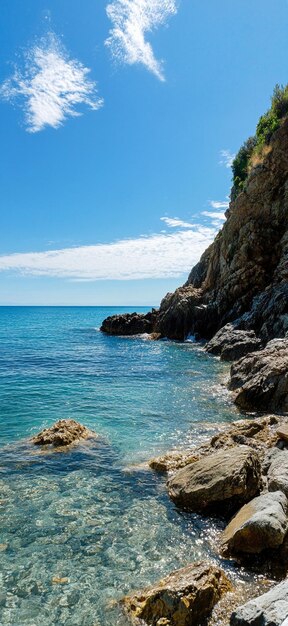 Serene Coastal Landscape with Clear Blue Waters and Rocky Shoreline