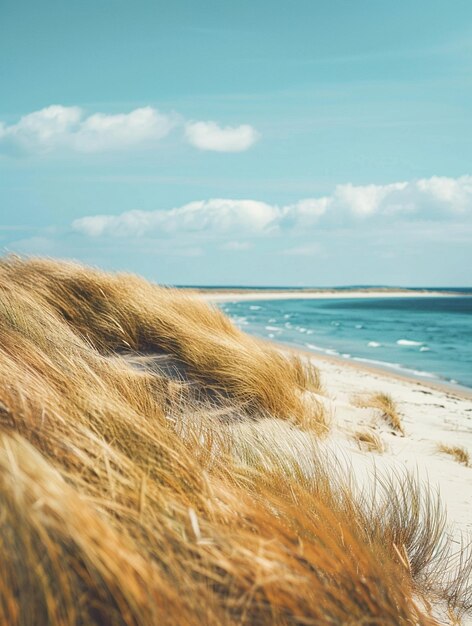 Photo serene coastal landscape with golden dune grass and tranquil ocean waves