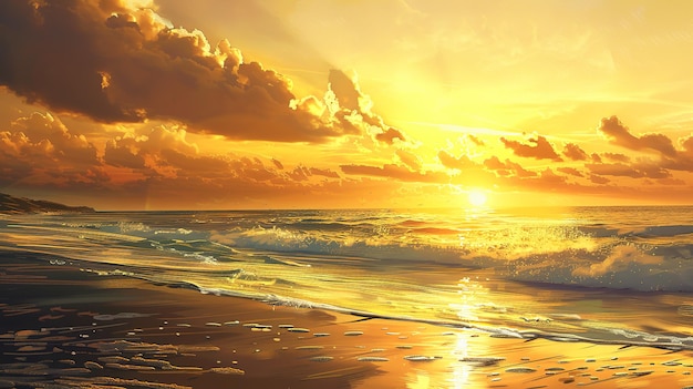 Serene coastal landscape with a golden sunset Beautiful beach with golden sunset