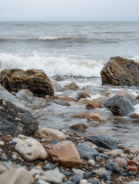 Photo serene coastal landscape with waves and rocky shoreline