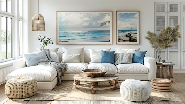 Photo serene coastal living room with nautical decor and wall art mockup