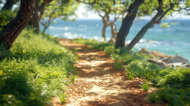 Photo serene coastal path lined with bark lush green foliage sunlit grove tranquil seascape nature