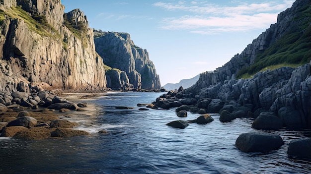 Serene coastal scene with calm waters and rocky cliffs