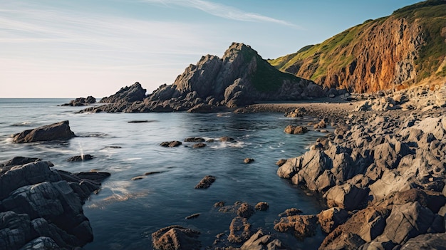 Serene coastal scene with calm waters and rocky cliffs