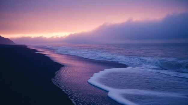 Photo a serene coastal sunset with foamy waves on a black sand beach