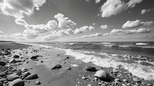 Serene Coastal Waves and Rocky Beach Landscape in Black and White