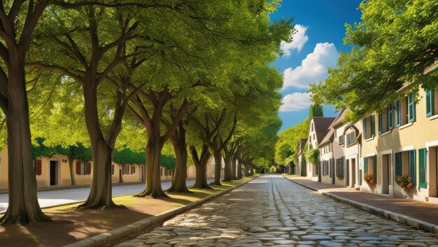 Photo serene cobblestone street with lush trees