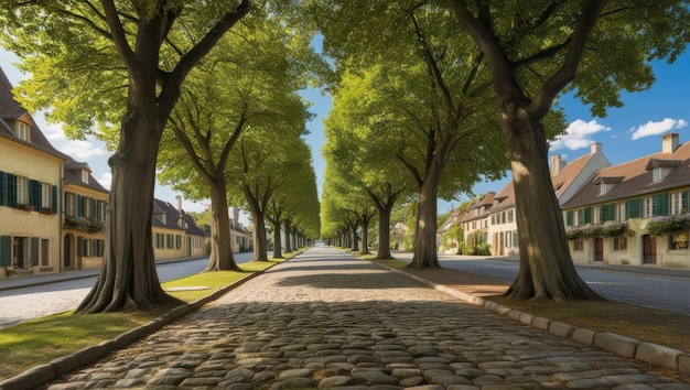 Photo serene cobblestone street with lush trees