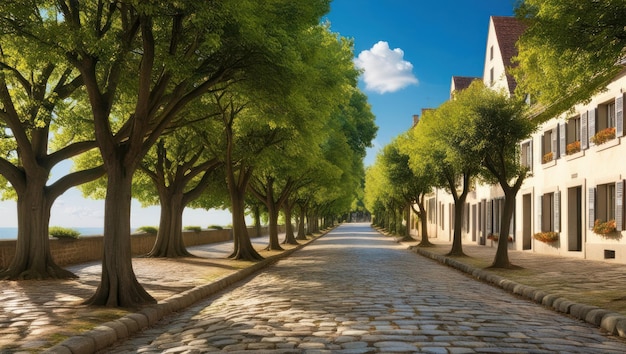 Photo serene cobblestone street with lush trees