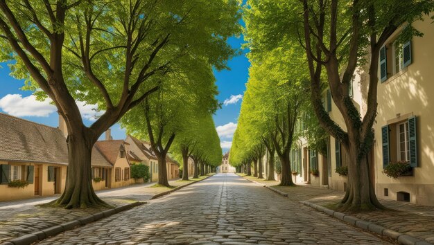 Photo serene cobblestone street with lush trees