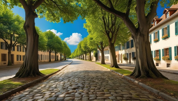 Photo serene cobblestone street with lush trees