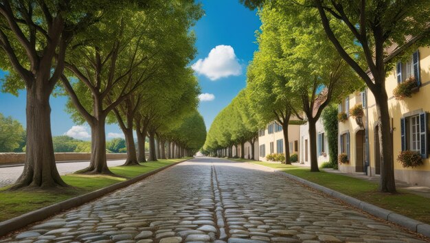 Photo serene cobblestone street with lush trees