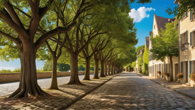 Photo serene cobblestone street with lush trees