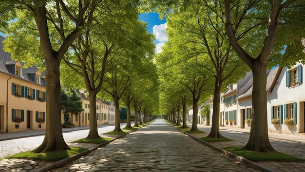 Photo serene cobblestone street with lush trees