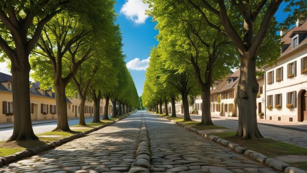 Photo serene cobblestone street with lush trees