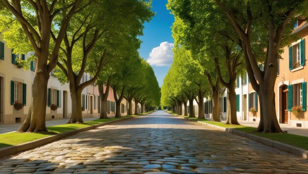 Photo serene cobblestone street with lush trees