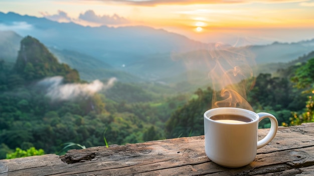 Serene coffee mug on wooden table steam rising set against lush green landscape