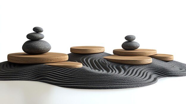 Serene composition of stacked stones resting on wooden plates symbolizing balance and tranquility in a minimalist setting