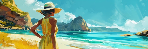 Serene and Confident Woman Enjoying a Sunny Tropical Beach Vacation in a VibrantDreamlike Digital Evoking a Sense of EscapeFreedomand Tranquility